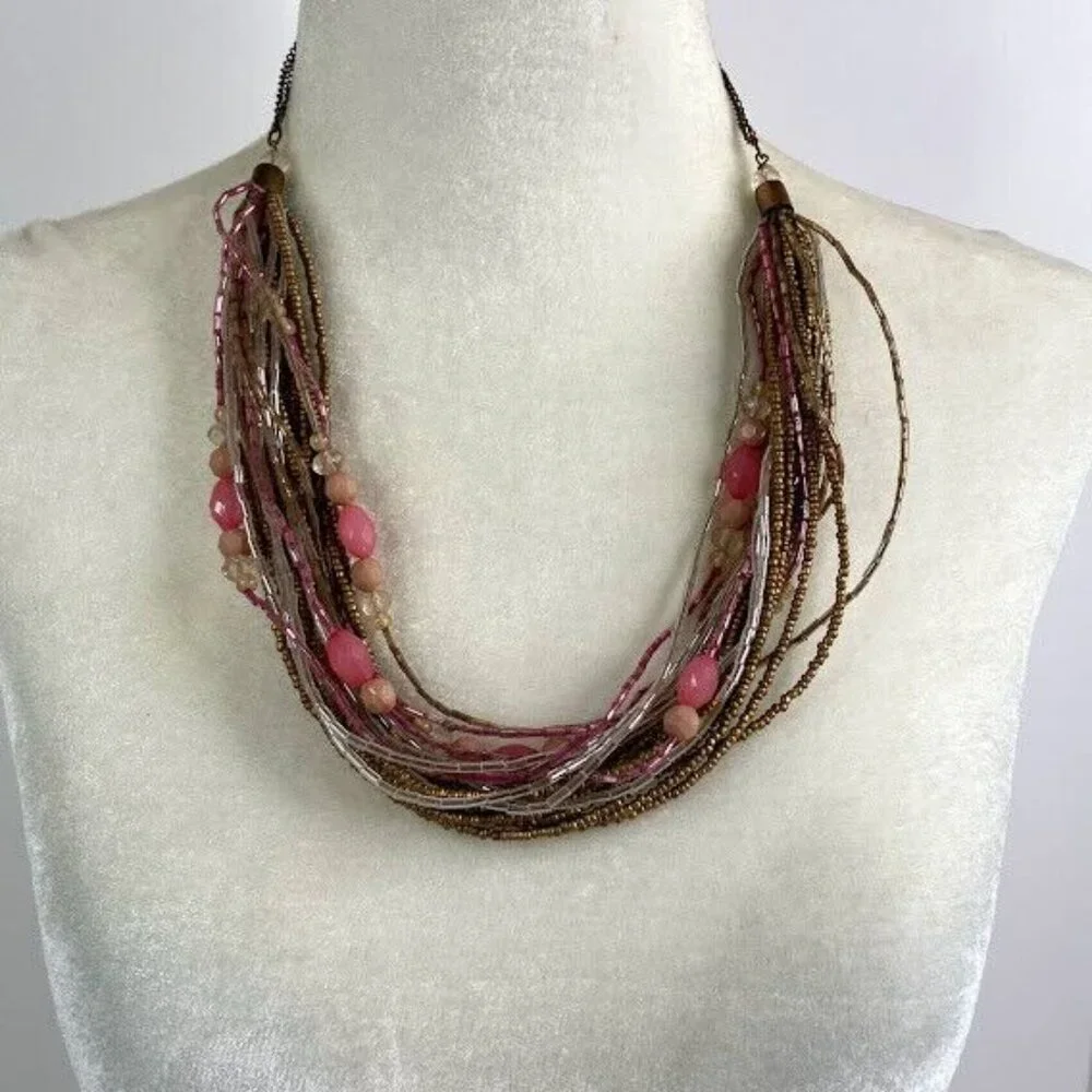 Beaded Necklace Multi Strand Twisted Seed Bead‎ Pink Clear Gold Tone Statement